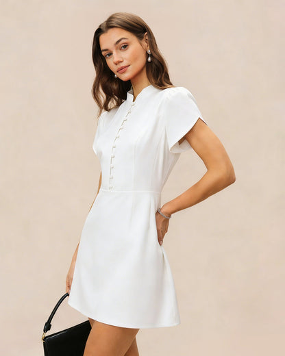 White Mandarin Collar Button Mini Dress