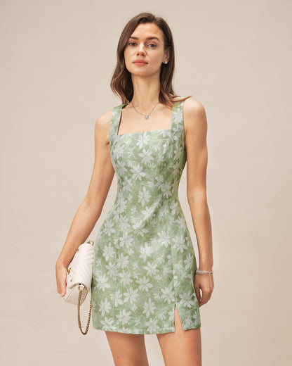 Green Square Neck Slit Floral Mini Dress