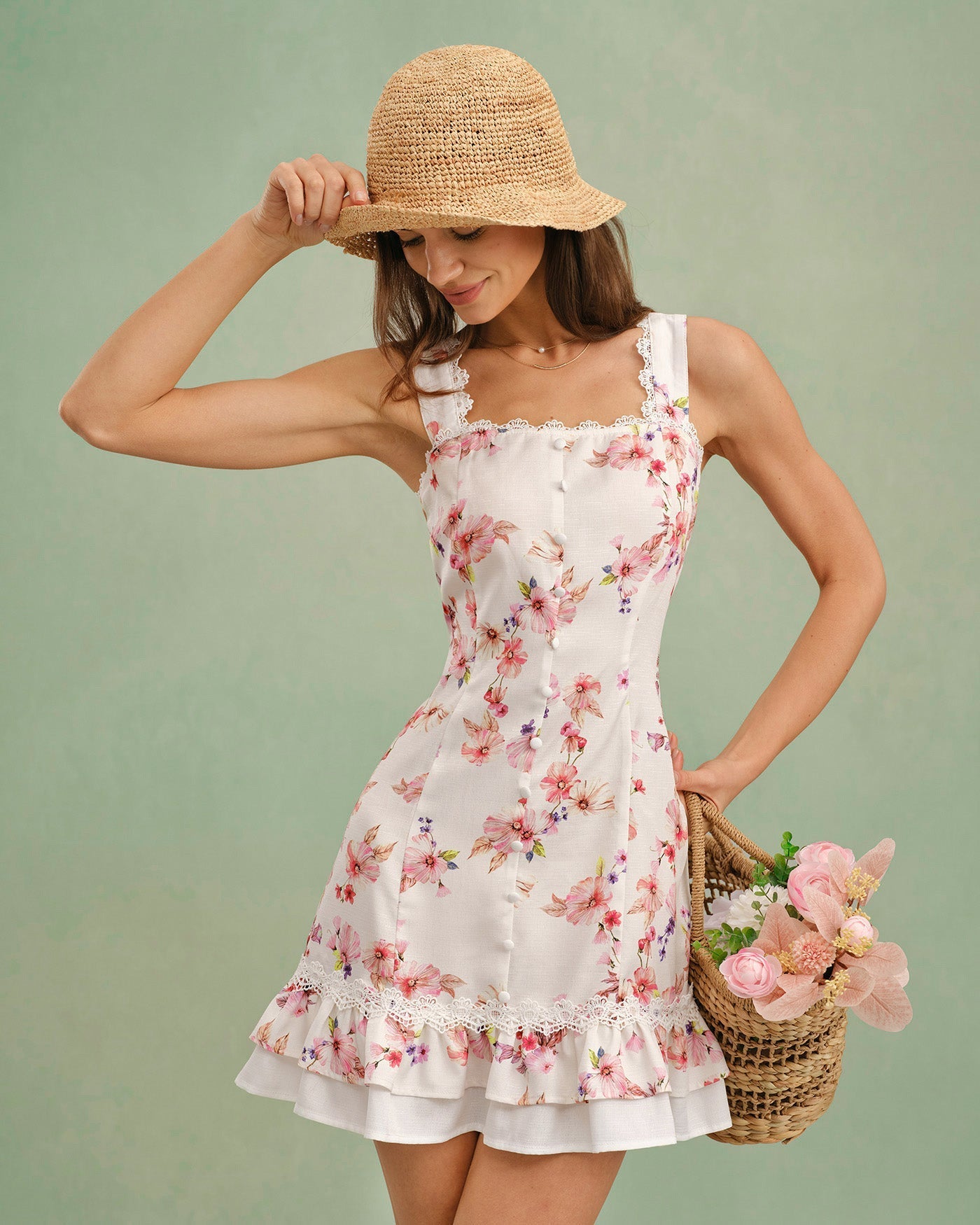 Floral Square Neck Button Mini Dress