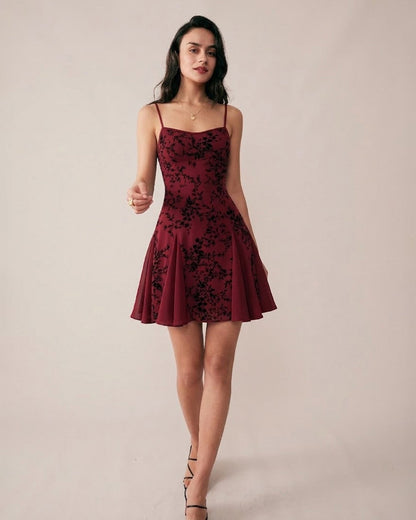 Wine Red Floral Mini Dress