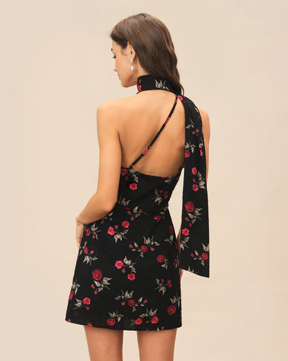 Black Jacquard One Shoulder Mini Dress