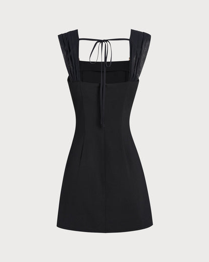 Black Square Neck Cap Sleeve Mini Dress