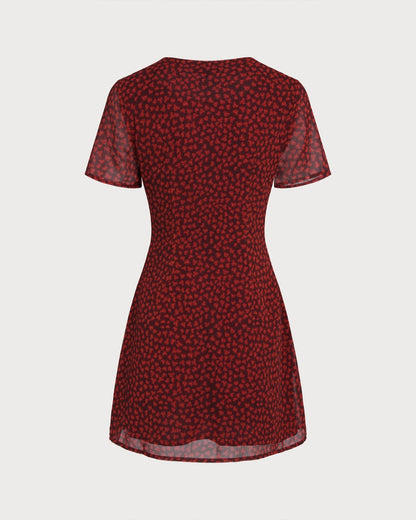 Red Boat Neck Floral Mini Dress