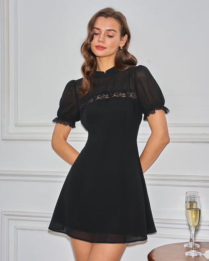 Black Mandarin Collar Mini Dress
