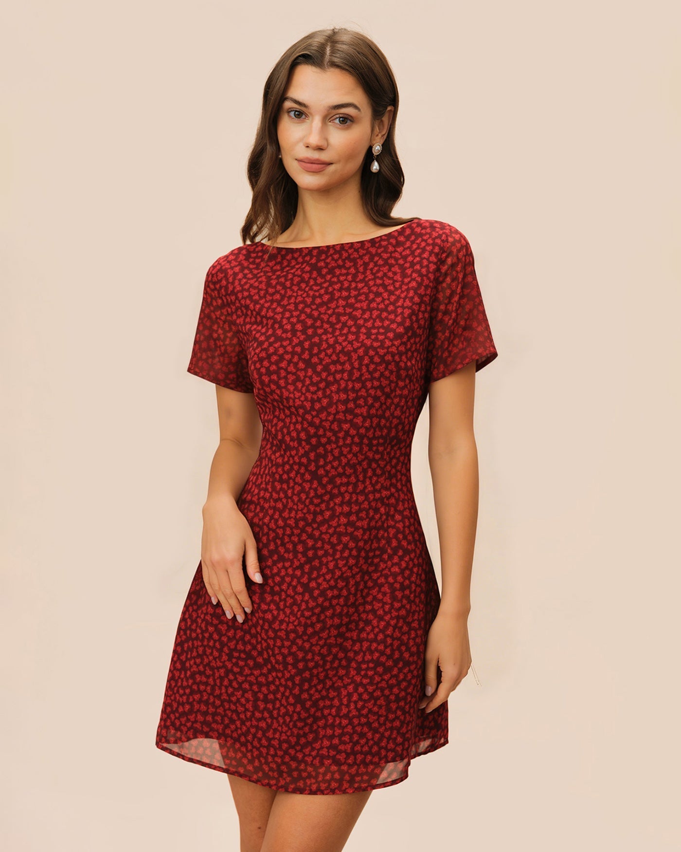 Red Boat Neck Floral Mini Dress