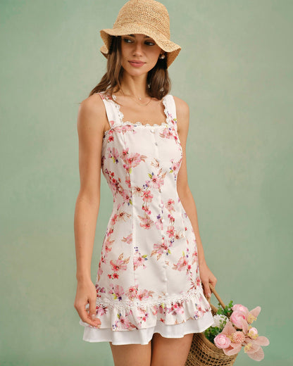 Floral Square Neck Button Mini Dress