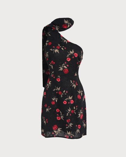 Black Jacquard One Shoulder Mini Dress