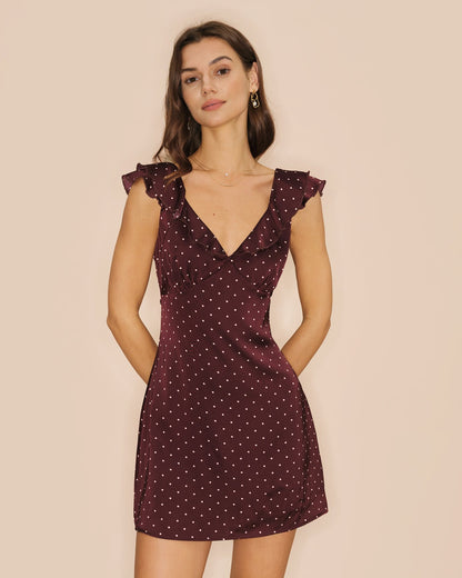 Purple V Neck Polka Dot Satin Mini Dress