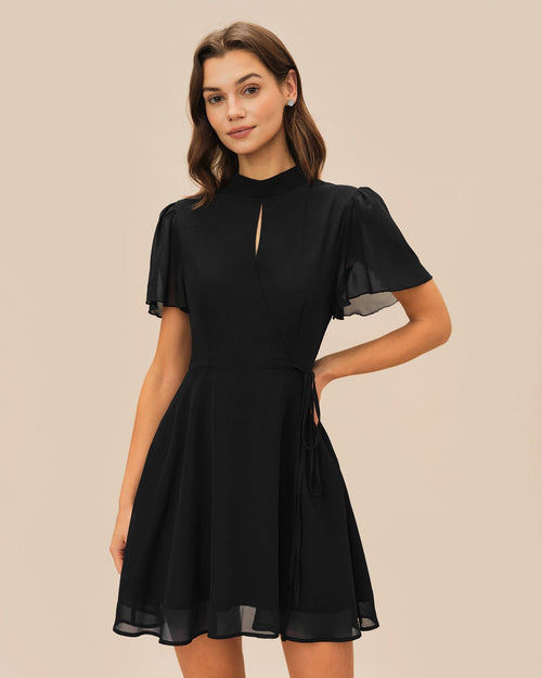 Black Turtle Butterfly Sleeve Mini Dress