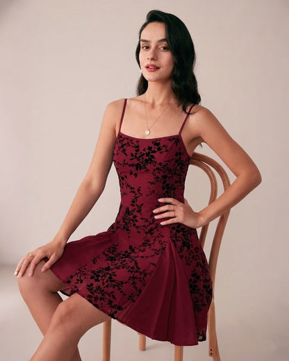 Wine Red Floral Mini Dress
