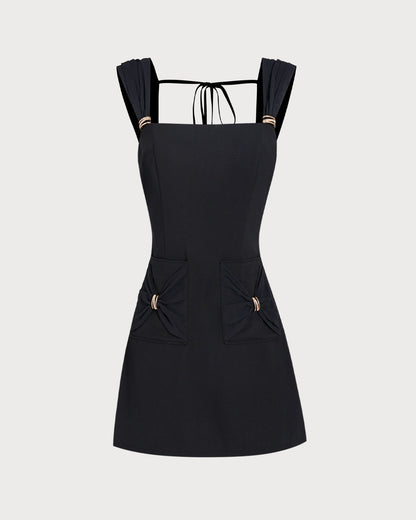 Black Square Neck Cap Sleeve Mini Dress