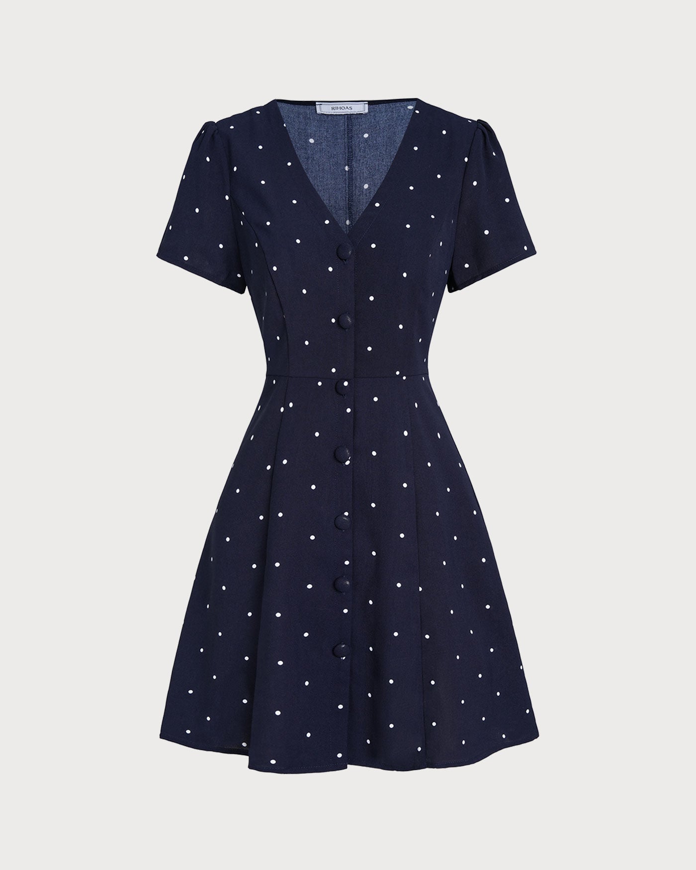 Blue V Neck Polka Dot Button Mini Dress