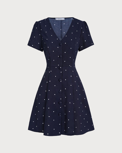 Blue V Neck Polka Dot Button Mini Dress