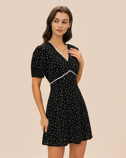 Black V Neck Lace Floral Mini Dress