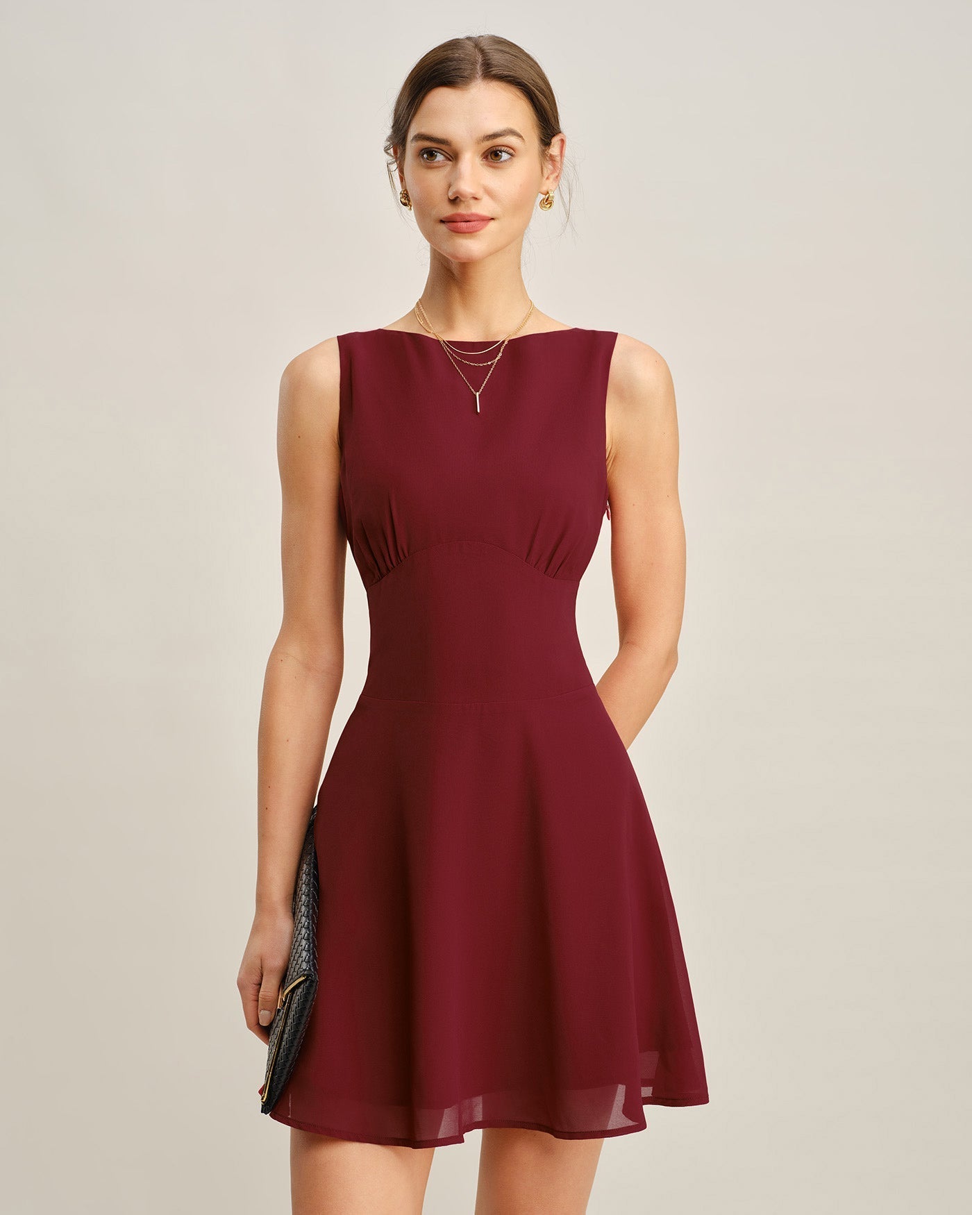 Wine Red Boat Neck Pleated Mini Dress