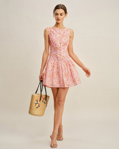Boat Neck Floral Mini Dress