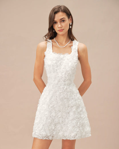 White Square Neck Floral A-Line Mini Dress