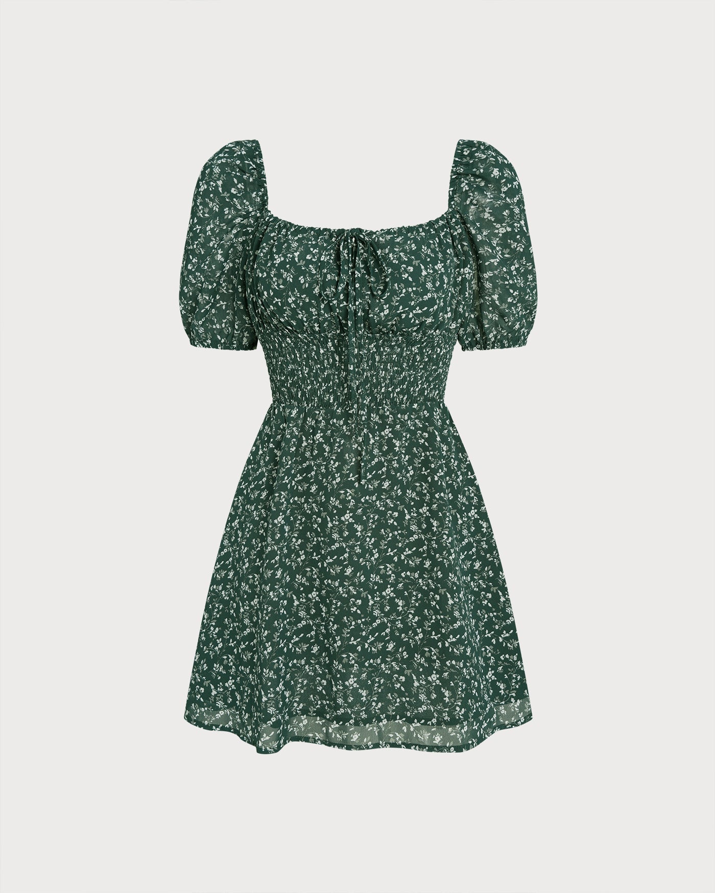 Green Square Neck Floral Mini Dress