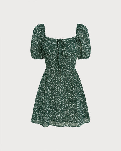 Green Square Neck Floral Mini Dress
