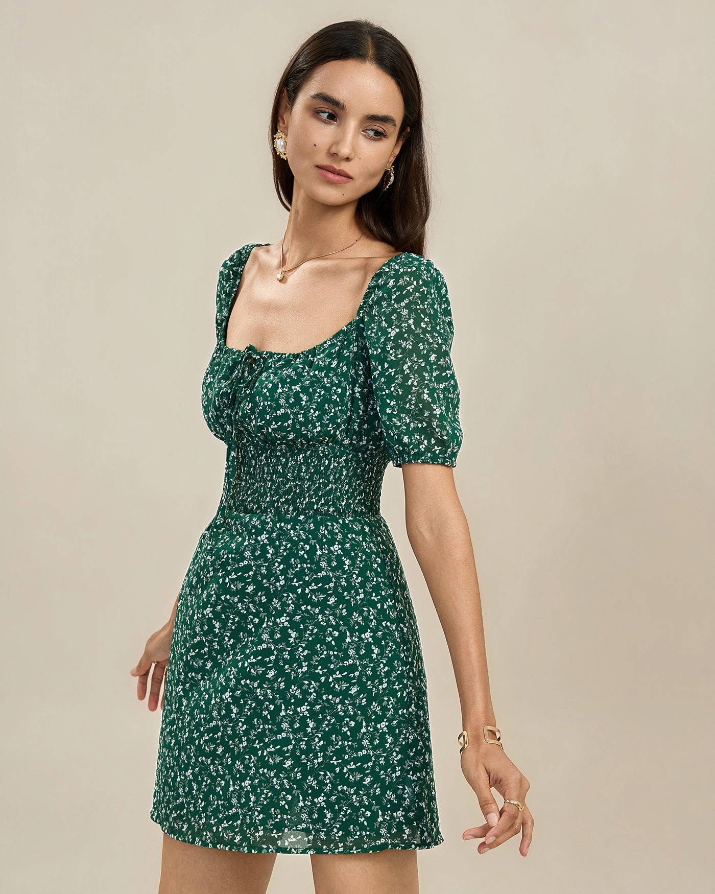 Green Square Neck Floral Mini Dress