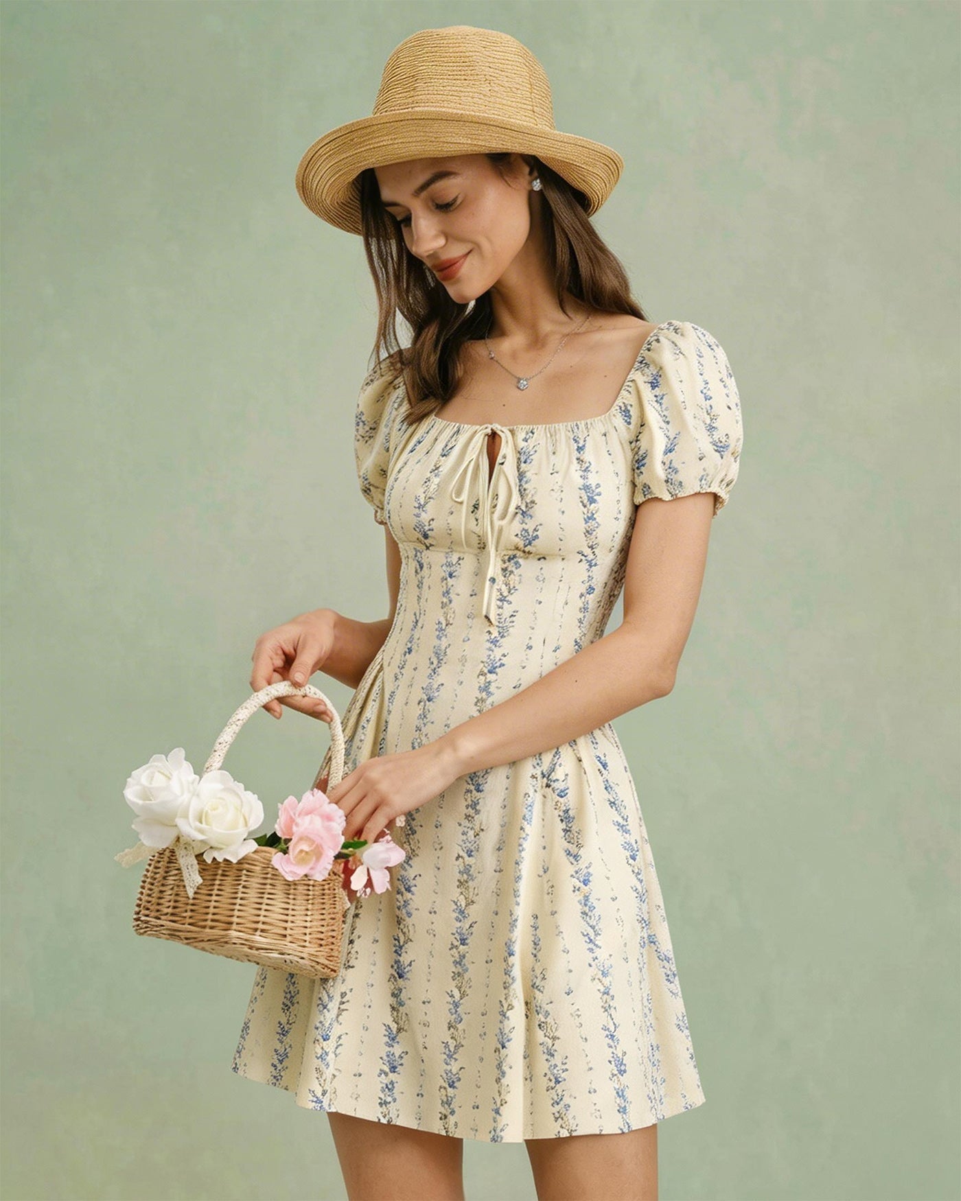 Apricot Square Neck Floral Mini Dress