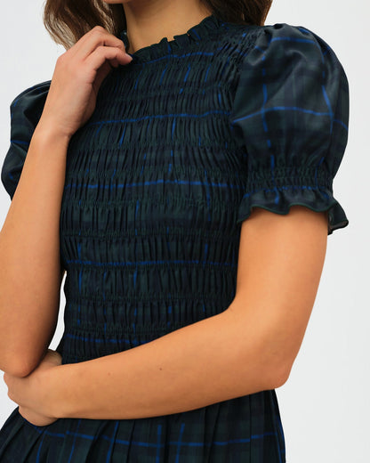 Green Plaid Puffed Sleeve Mini Dress