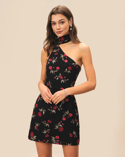 Black Jacquard One Shoulder Mini Dress