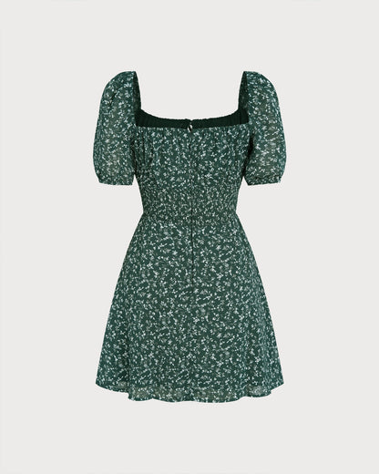 Green Square Neck Floral Mini Dress