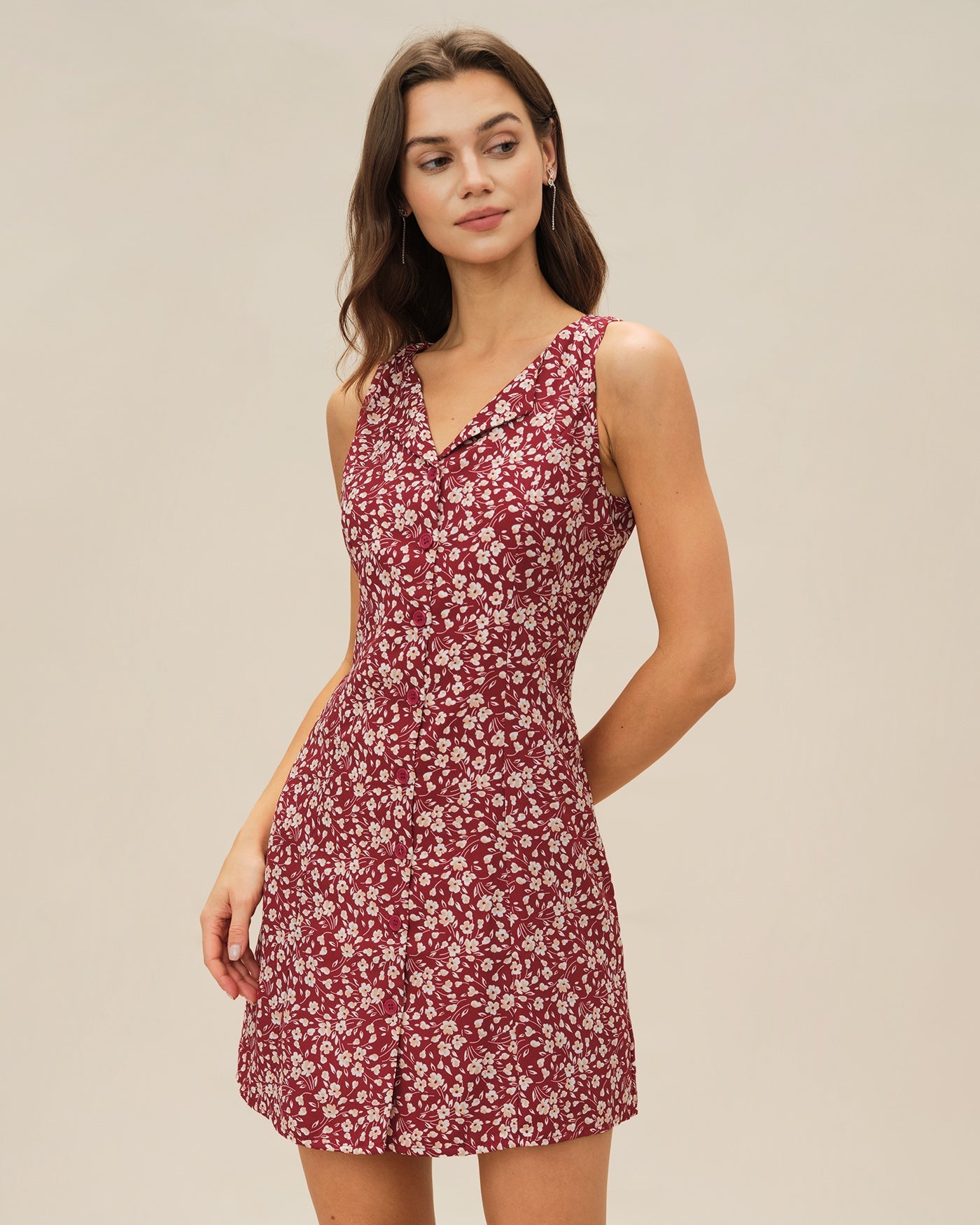 Red V Neck Floral Mini Dress