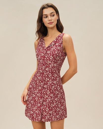 Red V Neck Floral Mini Dress