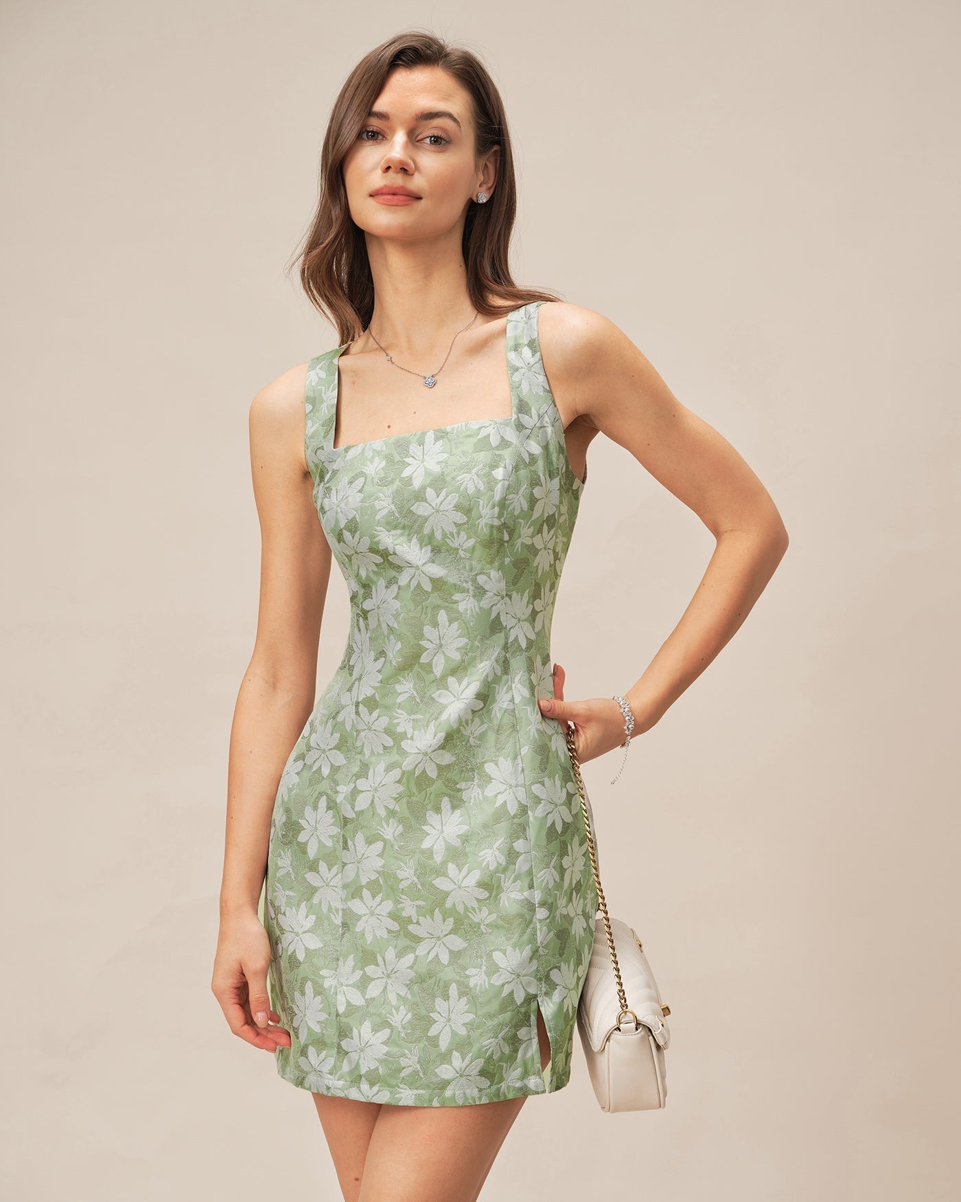 Green Square Neck Slit Floral Mini Dress