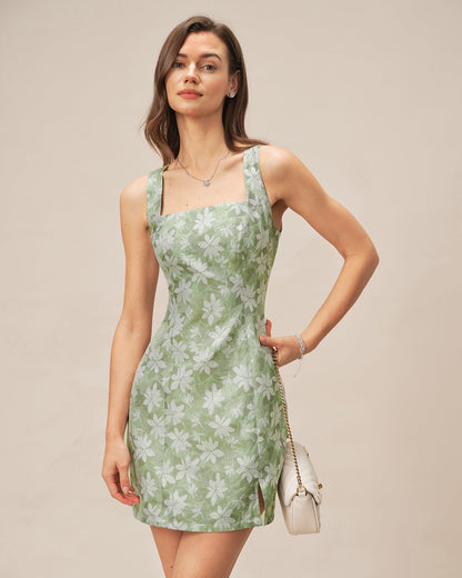 Green Square Neck Slit Floral Mini Dress