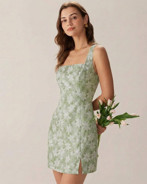 Green Square Neck Slit Floral Mini Dress