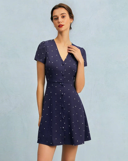 Blue V Neck Polka Dot Button Mini Dress
