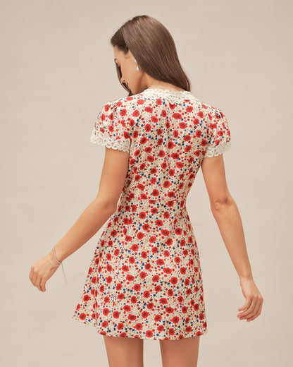 Red V Neck Floral Lace Mini Dress