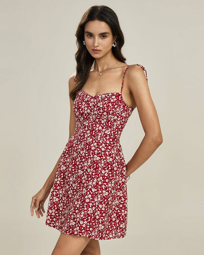 Red Floral Tie Straps Mini Dress