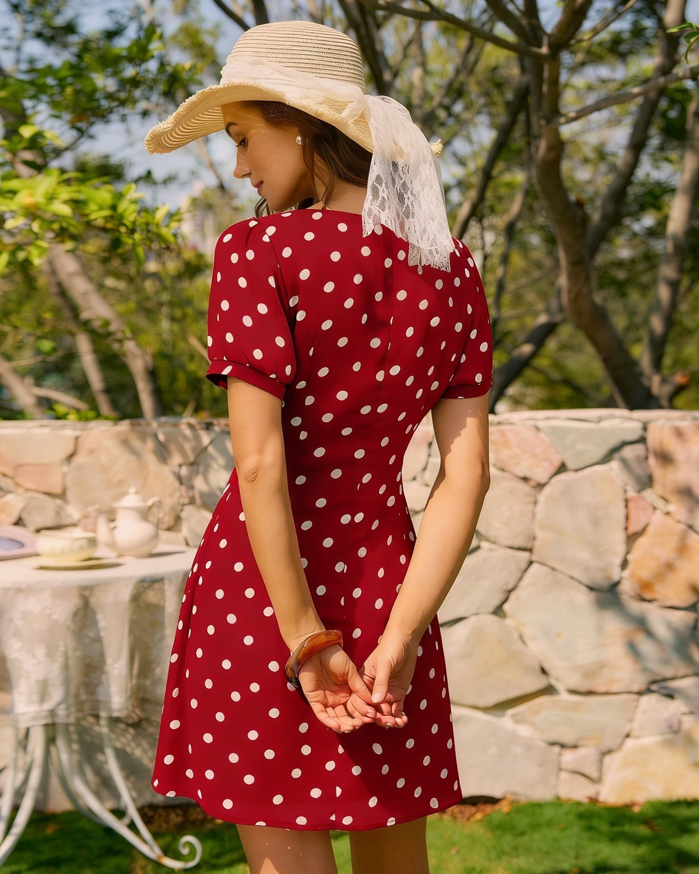 Red Puffed Sleeve Polka Dot Mini Dress