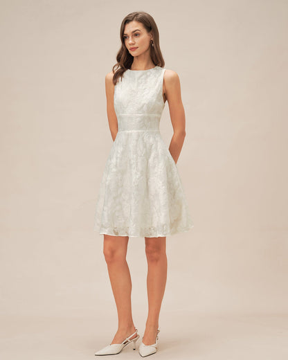 White Round Neck Jacquard Mini Dress