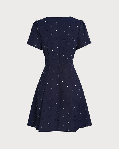 Blue V Neck Polka Dot Button Mini Dress