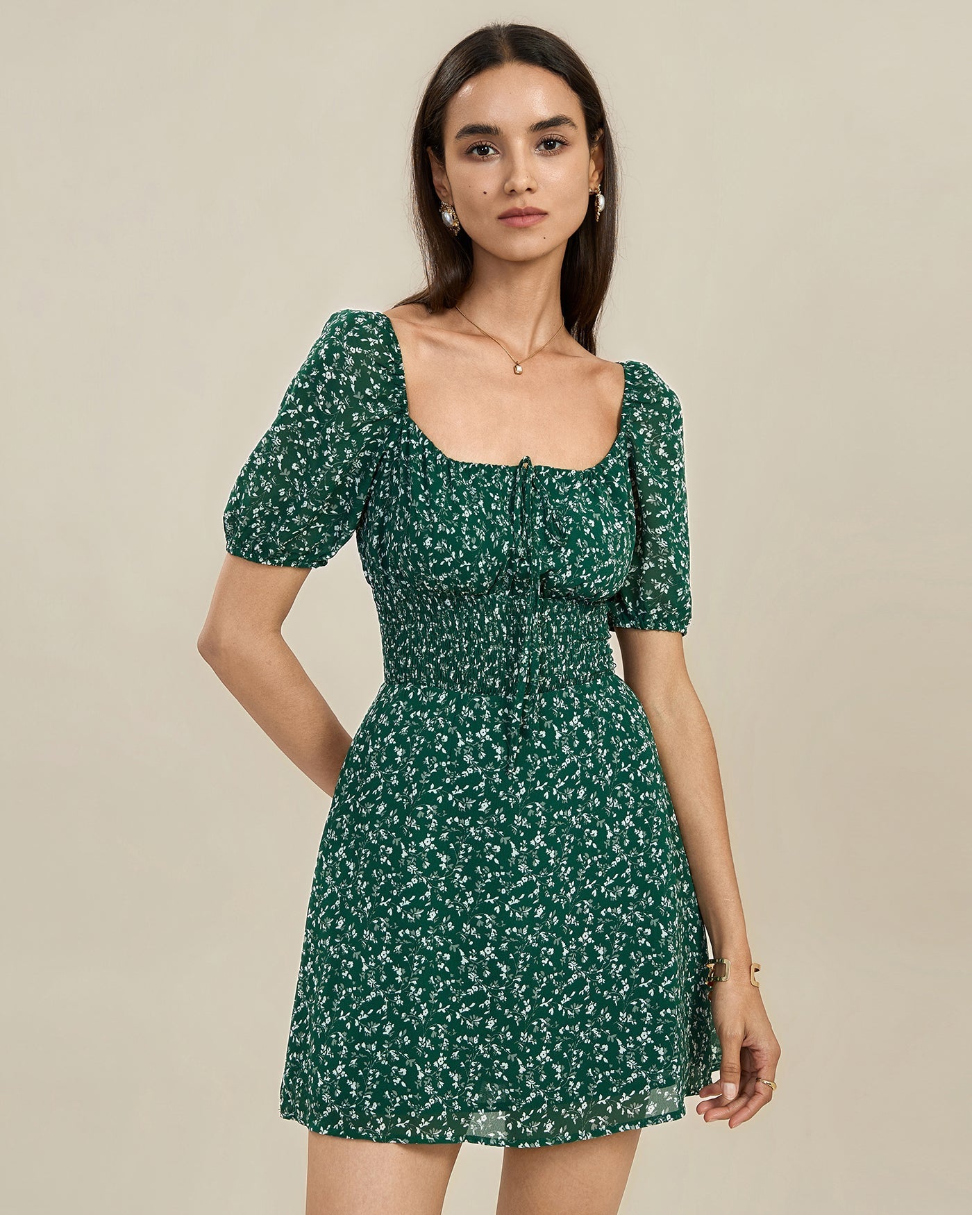 Green Square Neck Floral Mini Dress