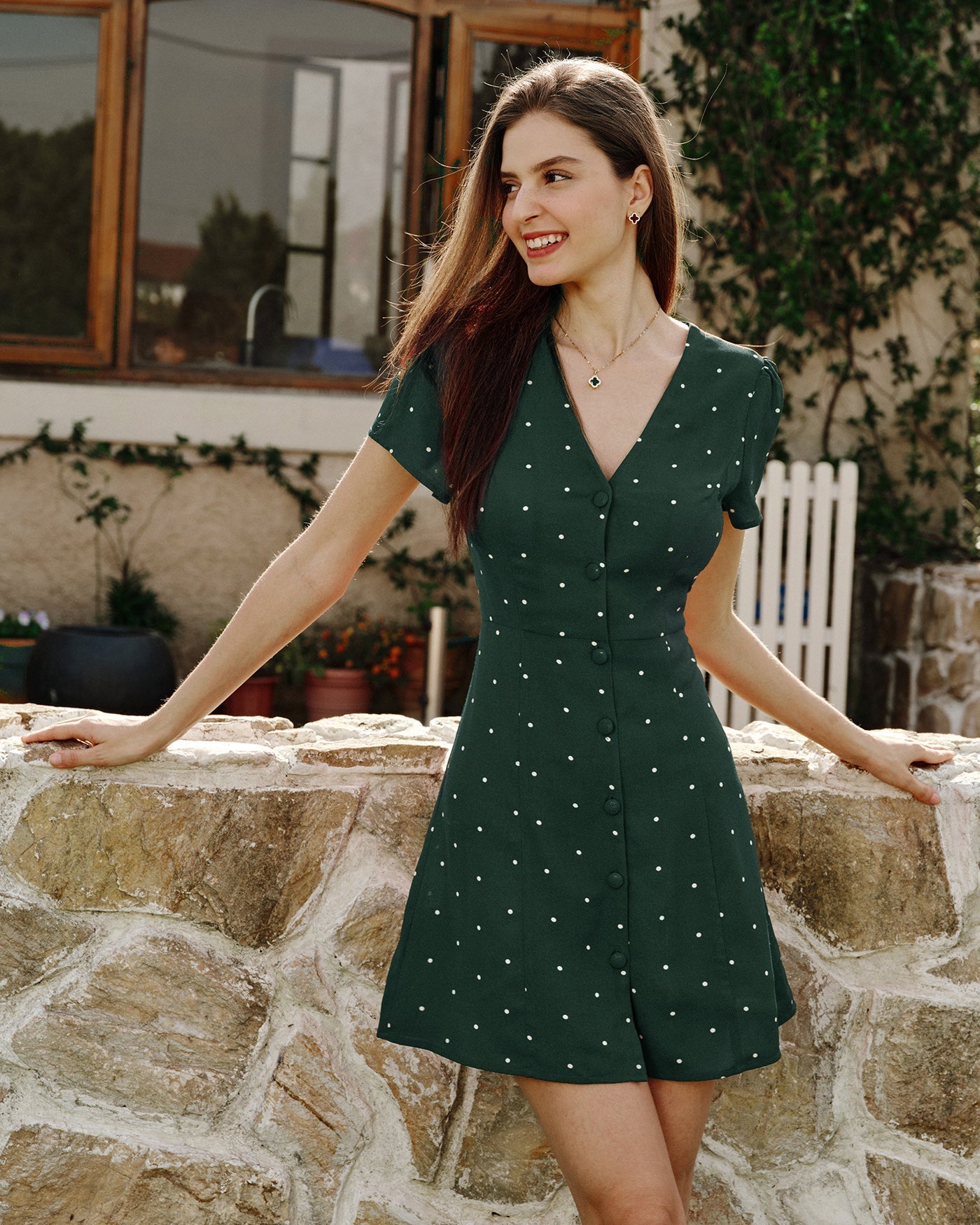 Green V Neck Polka Dot Mini Dress