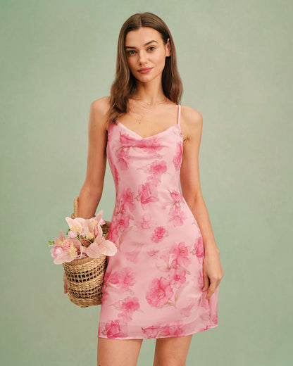 Pink Cowl Neck Floral Slip Mini Dress