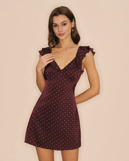 Purple V Neck Polka Dot Satin Mini Dress