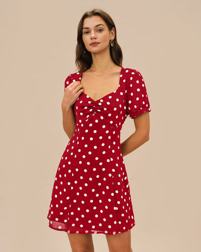 Red Puffed Sleeve Polka Dot Mini Dress