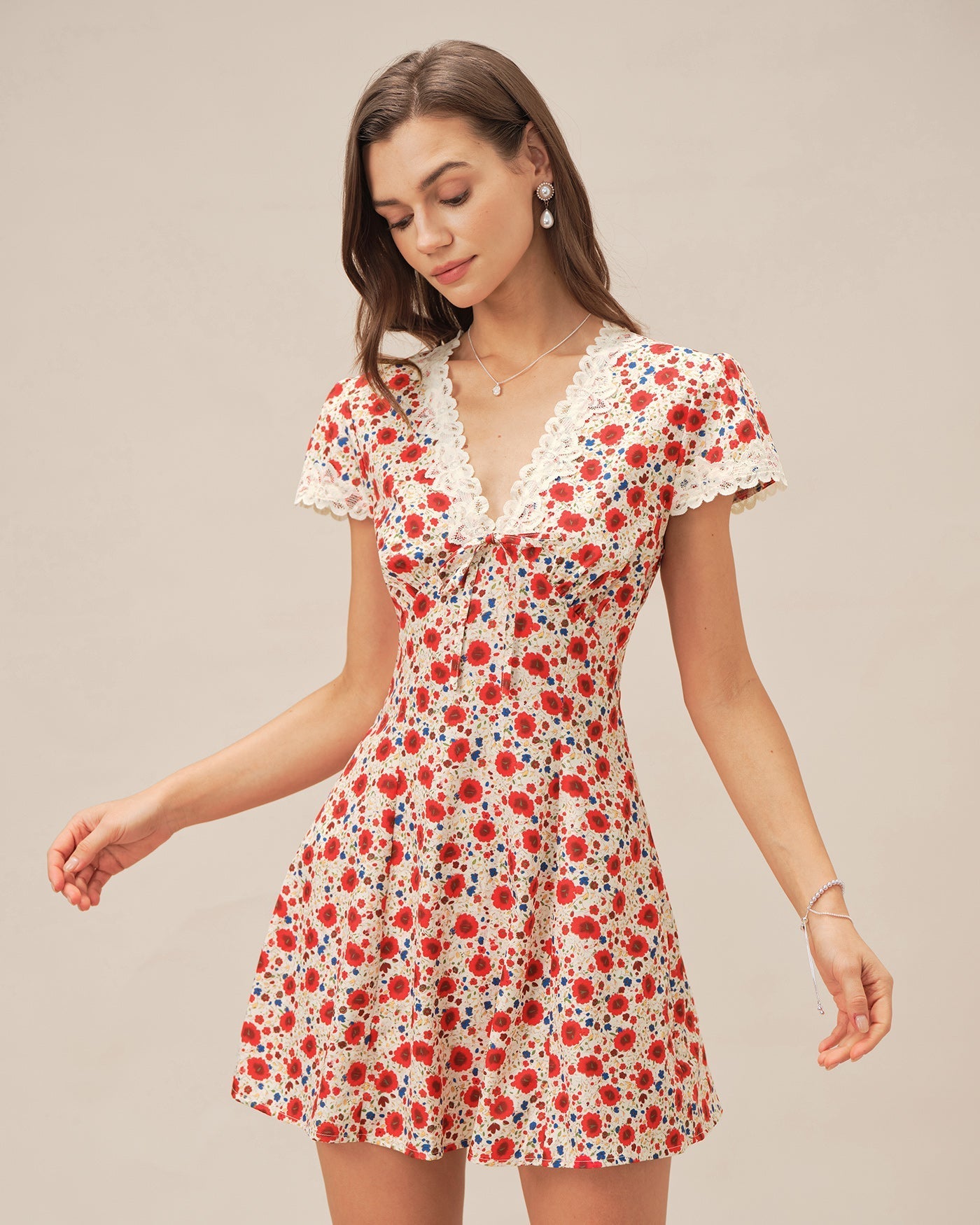 Red V Neck Floral Lace Mini Dress