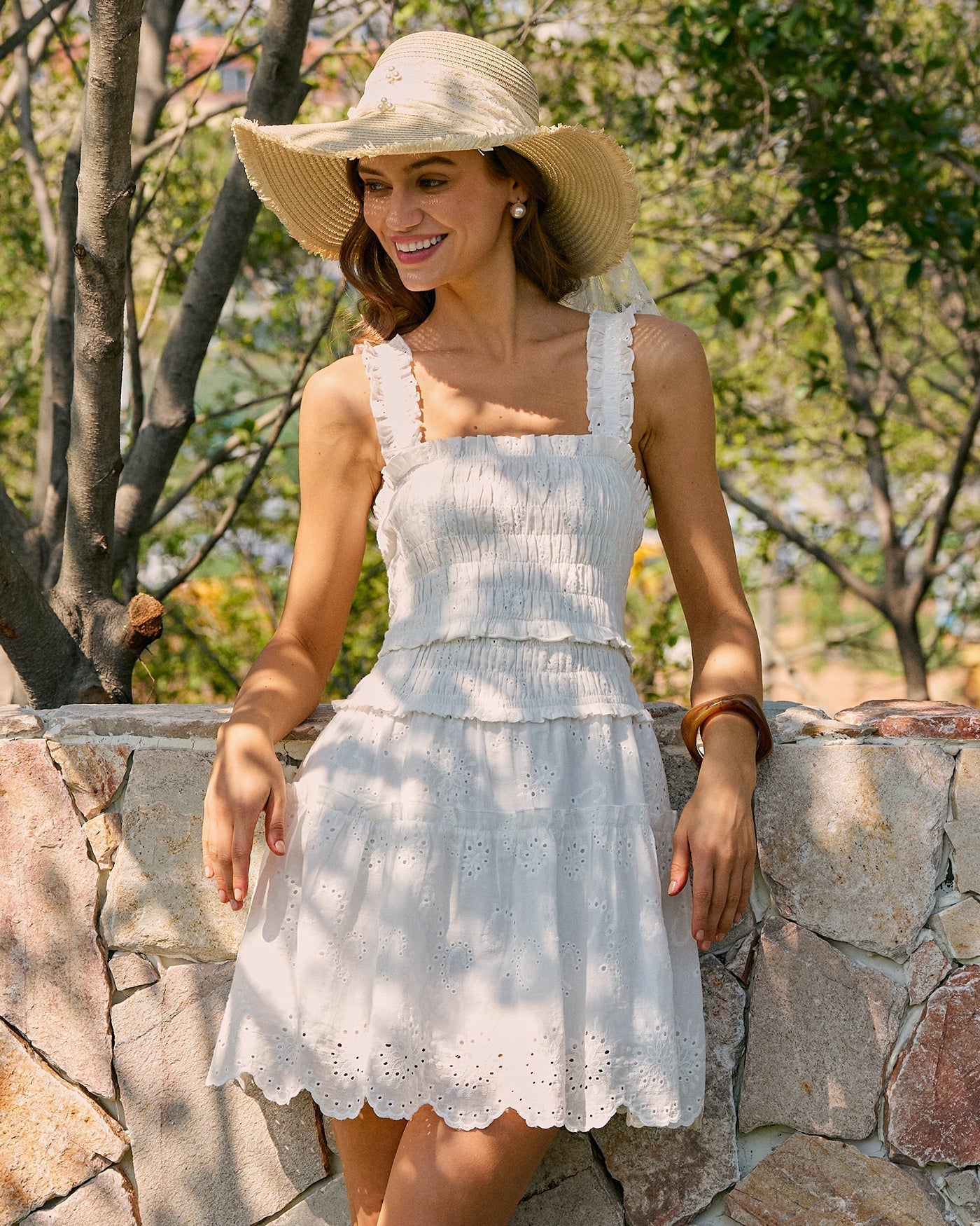 White Square Neck Shirred Mini Dress