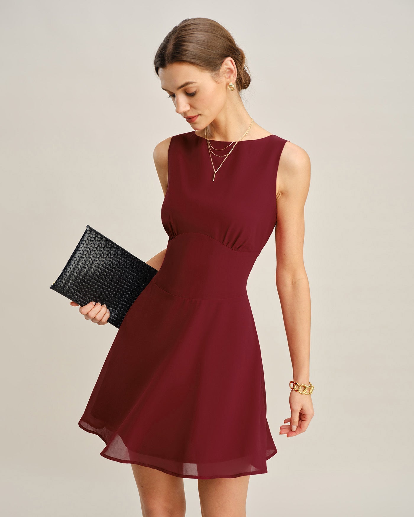 Wine Red Boat Neck Pleated Mini Dress