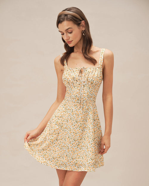 Yellow Floral Strap Mini Dress