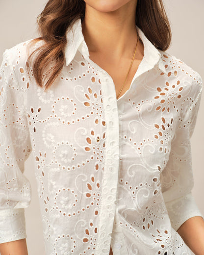 Off White Floral Textured Collar Shirt