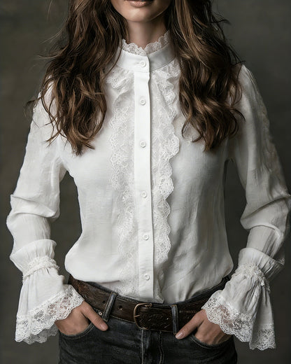 White Turtle Poet Sleeve Lace Shirt